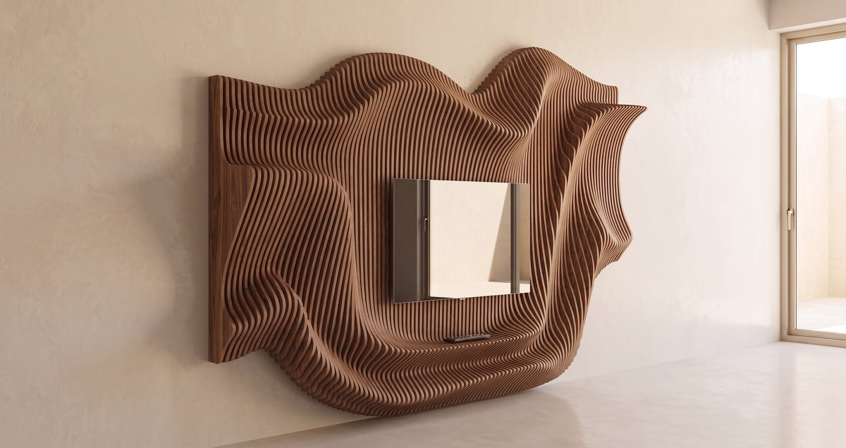 WavySlats Parametric TV Wall MOR in veneered walnut
