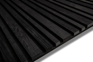 Black Ash Barcode acoustic wood slat wall panel with recycled PET felt backing, for walls and ceilings