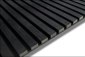 Black Ash acoustic wood slat wall panel with recycled PET felt backing, for walls and ceilings