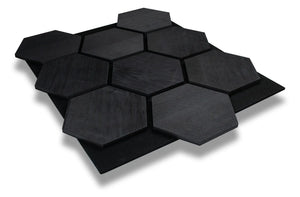 Hexa Black Ash wood acoustic panel, hexagonal wood slat design for walls and ceilings
