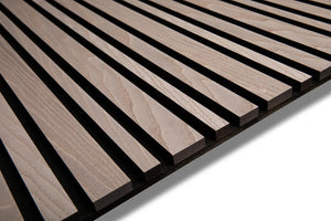 Gray Ash Barcode acoustic wood slat wall panel with recycled PET felt backing, for walls and ceilings