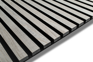 Gray Ash acoustic wood slat wall panel with recycled PET felt backing, for walls and ceilings