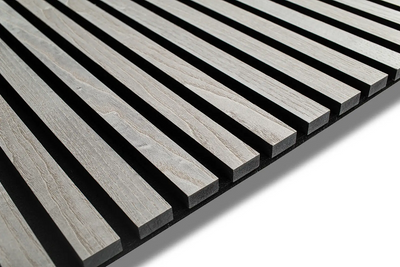 Gray Ash acoustic wood slat wall panel with recycled PET felt backing, for walls and ceilings
