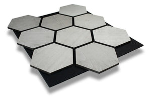 Hexa Grey ash wood acoustic panel, pale grey wood slats with sound absorbing felt backing