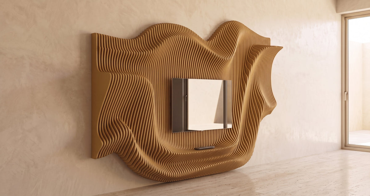 WavySlats Parametric TV Wall MOR in light brown