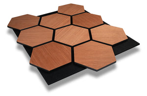 Hexa Mahogany wood acoustic panel, rich red brown wood slats with sound absorbing felt backing