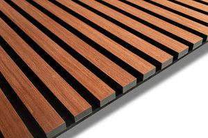 Mahogany acoustic wood slat wall panel with recycled PET felt backing, for walls and ceilings