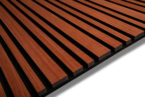 Mahogany Barcode acoustic wood slat wall panel with recycled PET felt backing, for walls and ceilings