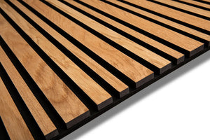 Oak Barcode acoustic wood slat wall panel with recycled PET felt backing in black, for walls and ceilings