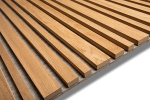 Oak Barcode acoustic wood slat wall panel with recycled PET felt backing in gray, for walls and ceilings