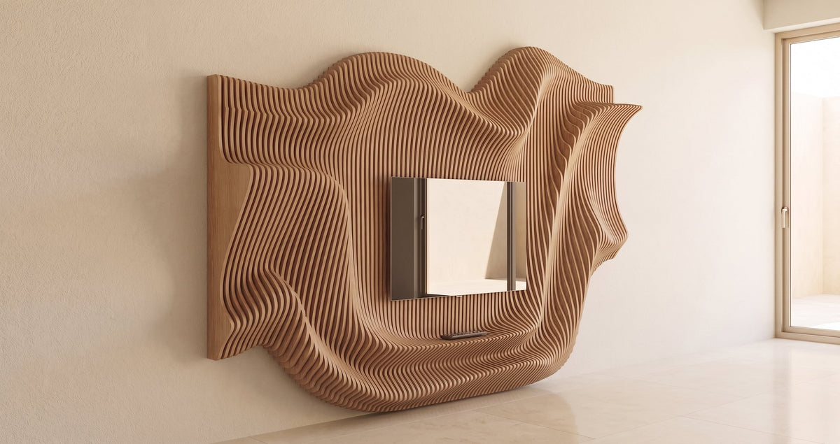 WavySlats Parametric TV Wall MOR in veneered oak