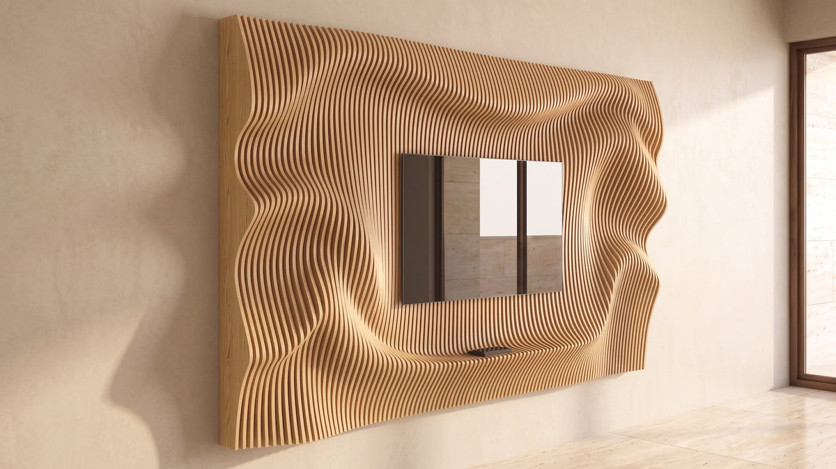 WavySlats Parametric TV Wall ELY in veneered oak