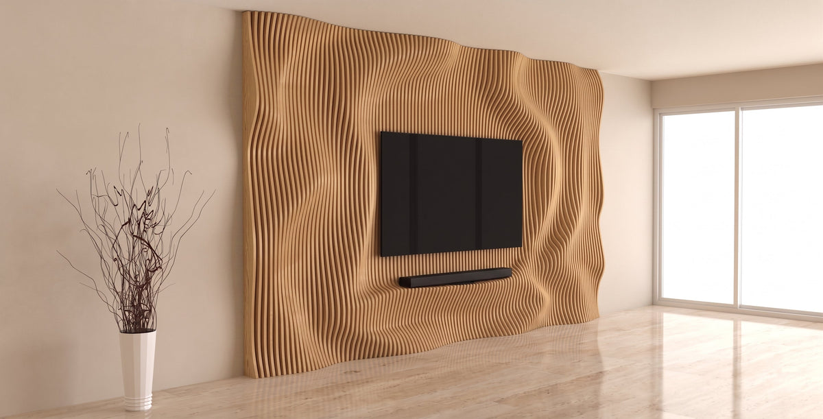 WavySlats Parametric TV Wall SOL in veneered oak