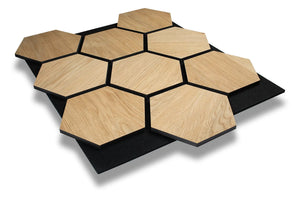 Hexa Oak wood acoustic panel on black felt, natural oak slats with sound absorbing PET backing