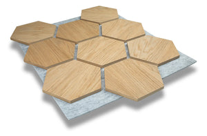Hexa Oak wood acoustic panel, warm natural oak slats with sound absorbing felt backing for walls