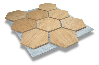 Hexa Oak wood acoustic panel, warm natural oak slats with sound absorbing felt backing for walls