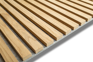 Oak acoustic wood slat wall panel with recycled PET felt backing in gray, for walls and ceilings