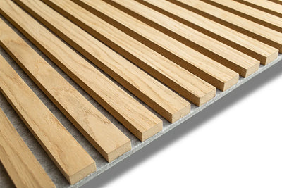 Oak acoustic wood slat wall panel with recycled PET felt backing in gray, for walls and ceilings
