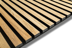 Oak acoustic wood slat wall panel with recycled PET felt backing in black, for walls and ceilings