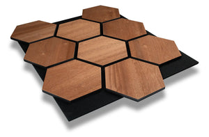 Hexa Sapelli wood acoustic panel, warm reddish sapele slats with sound absorbing felt backing