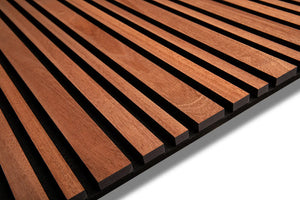 Sapele Barcode acoustic wood slat wall panel with recycled PET felt backing, for walls and ceilings