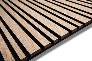 Siberian Oak Barcode acoustic wood slat wall panel with recycled PET felt backing, for walls and ceilings