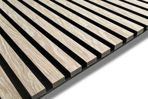 Siberian Oak acoustic wood slat wall panel with recycled PET felt backing, for walls and ceilings