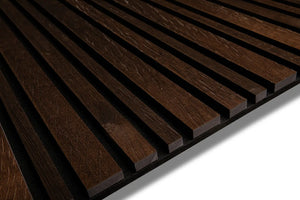 Smoked Oak Barcode acoustic wood slat wall panel with recycled PET felt backing in black, for walls and ceilings