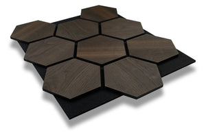 Hexa Smoked oak wood acoustic panel, dark smoked oak slats with sound absorbing felt backing