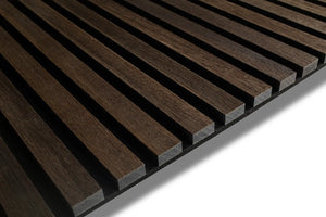 Smoked Oak acoustic wood slat wall panel with recycled PET felt backing in black, for walls and ceilings