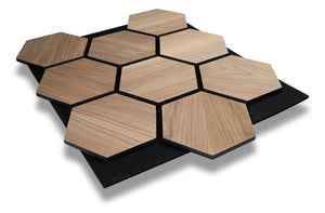 Hexa Walnut wood acoustic panel, deep brown walnut slats with sound absorbing felt backing