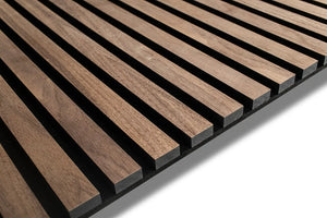 Walnut acoustic wood slat wall panel with recycled PET felt backing, for walls and ceilings