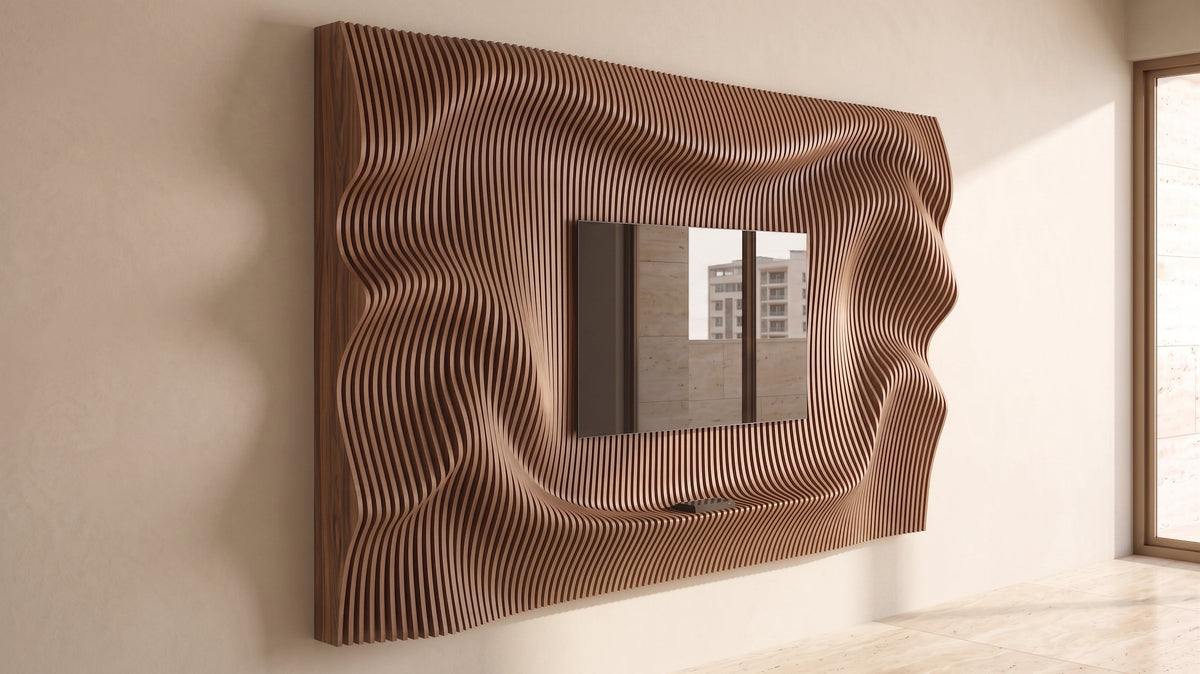WavySlats Parametric TV Wall ELY in veneered walnut