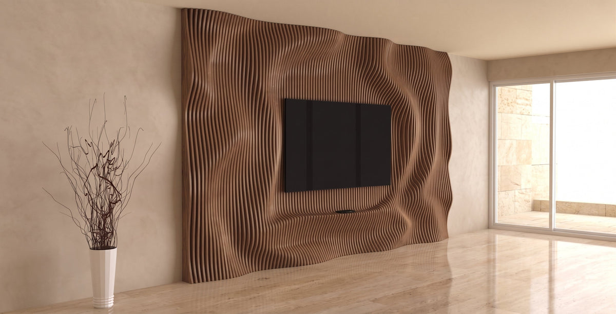 WavySlats Parametric TV Wall SOL in veneered walnut