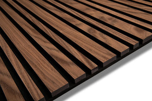 Walnut Barcode acoustic wood slat wall panel with recycled PET felt backing, for walls and ceilings
