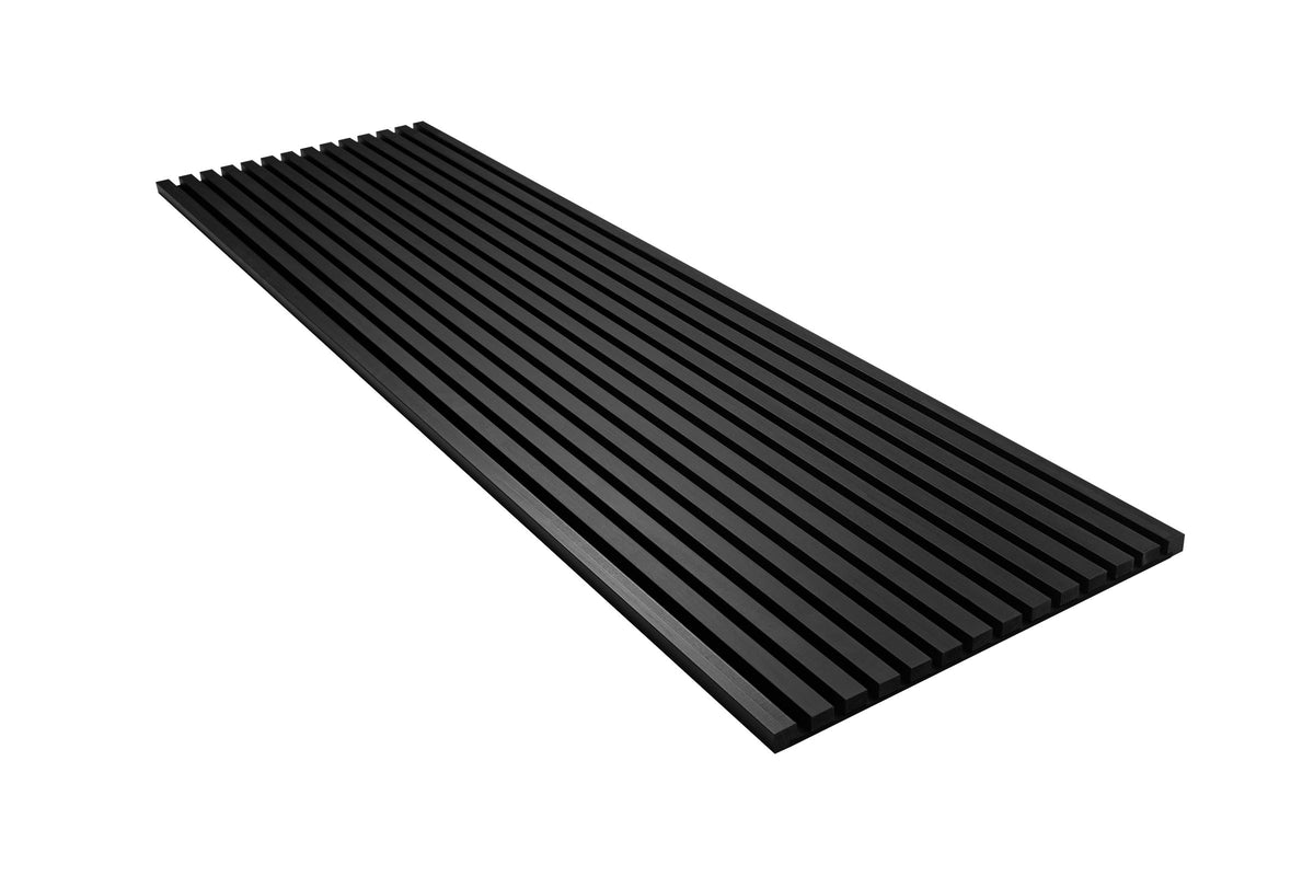 Anthracite aspen slat acoustic panel on black felt, angled view on a white background