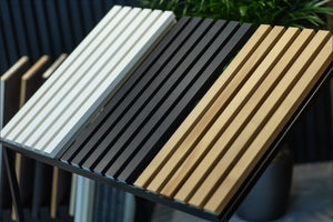 White, anthracite and thermo aspen slat panel samples displayed together