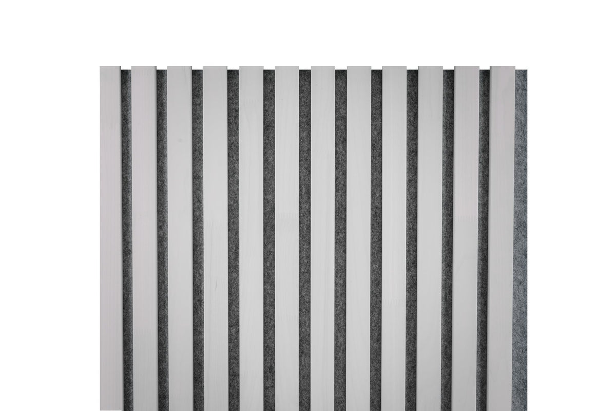 White aspen slats on grey PET felt backing, front view of the panel