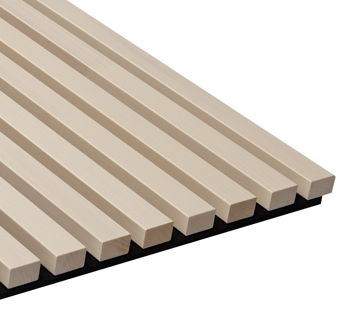 White aspen slat acoustic panel with white transparent finish on black felt, angled view on a white background
