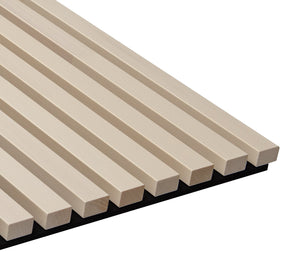 White aspen slat acoustic panel with white transparent finish on black felt, angled view on a white background