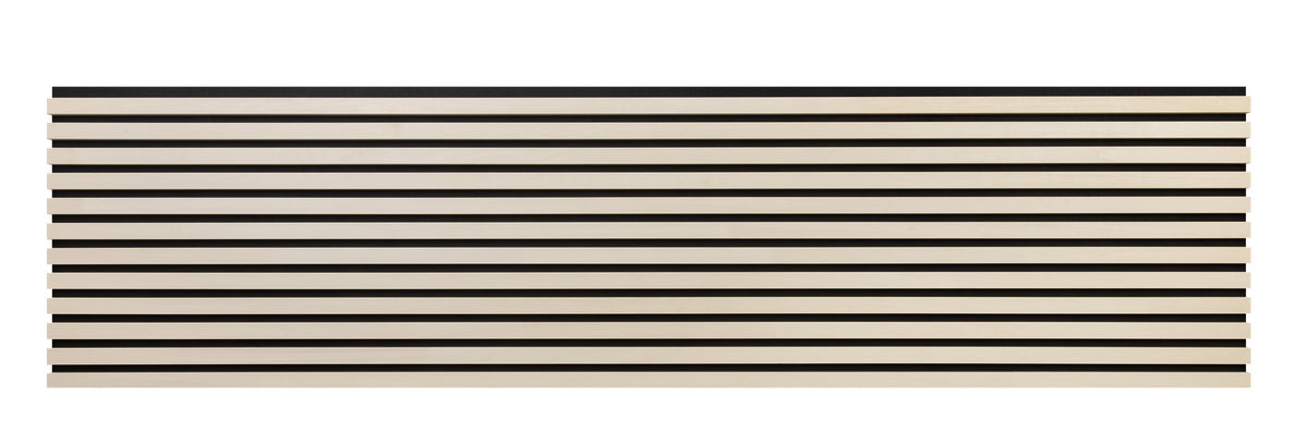 Full-length white aspen slat acoustic panel on black felt, top-down view