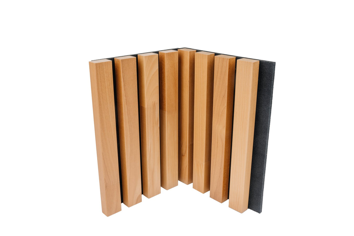 Two aspen slat panels forming an outside corner, three-quarter view