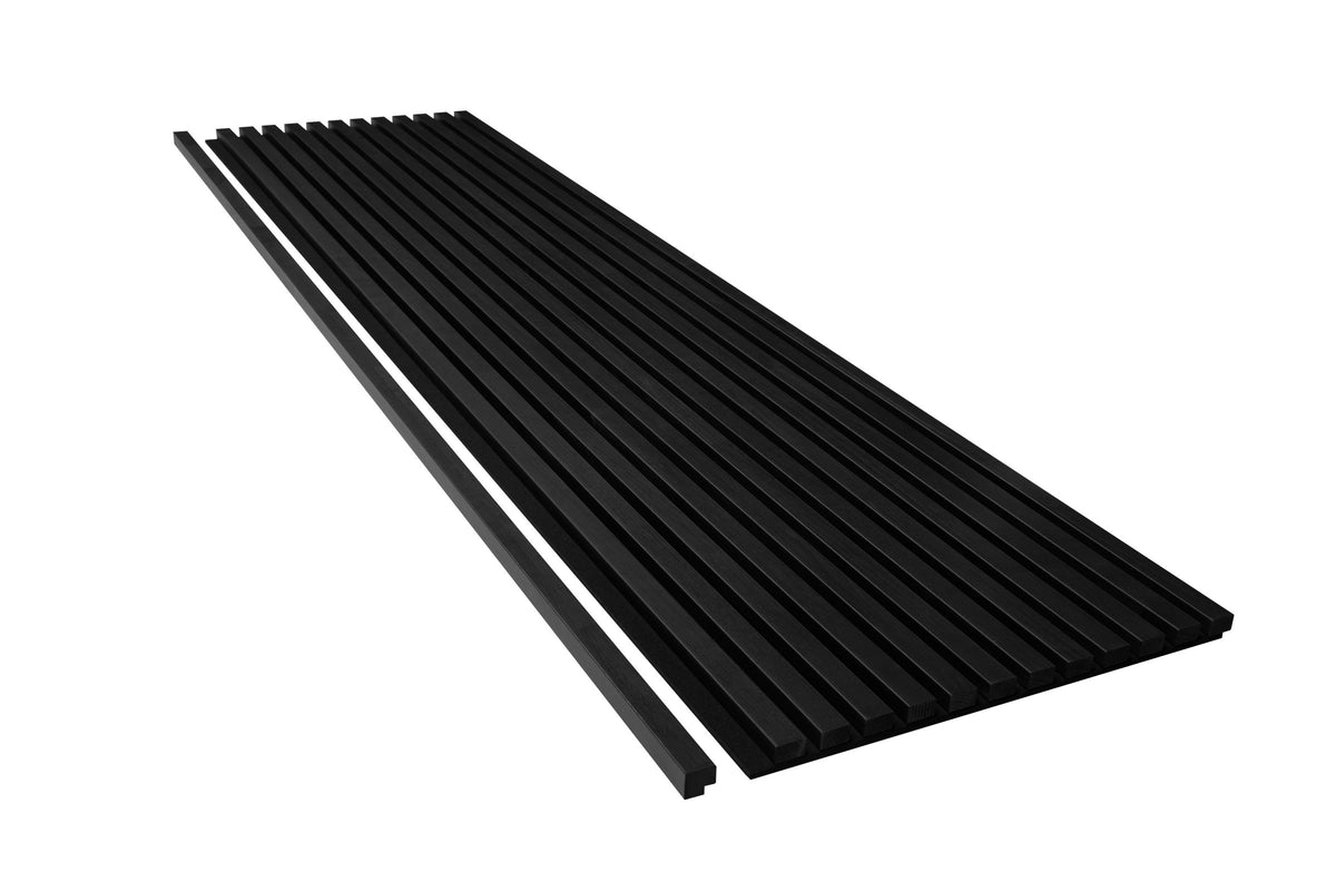 Anthracite slat panel with an end moulding laid beside it