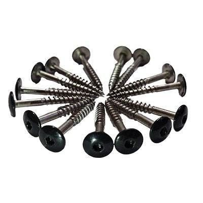 Black panel fixing screws, 4.8 x 38 mm, in a circular arrangement