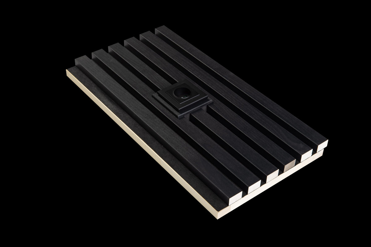 Anthracite slat panel section with a black socket in an anthracite plate, three-quarter view on a black background