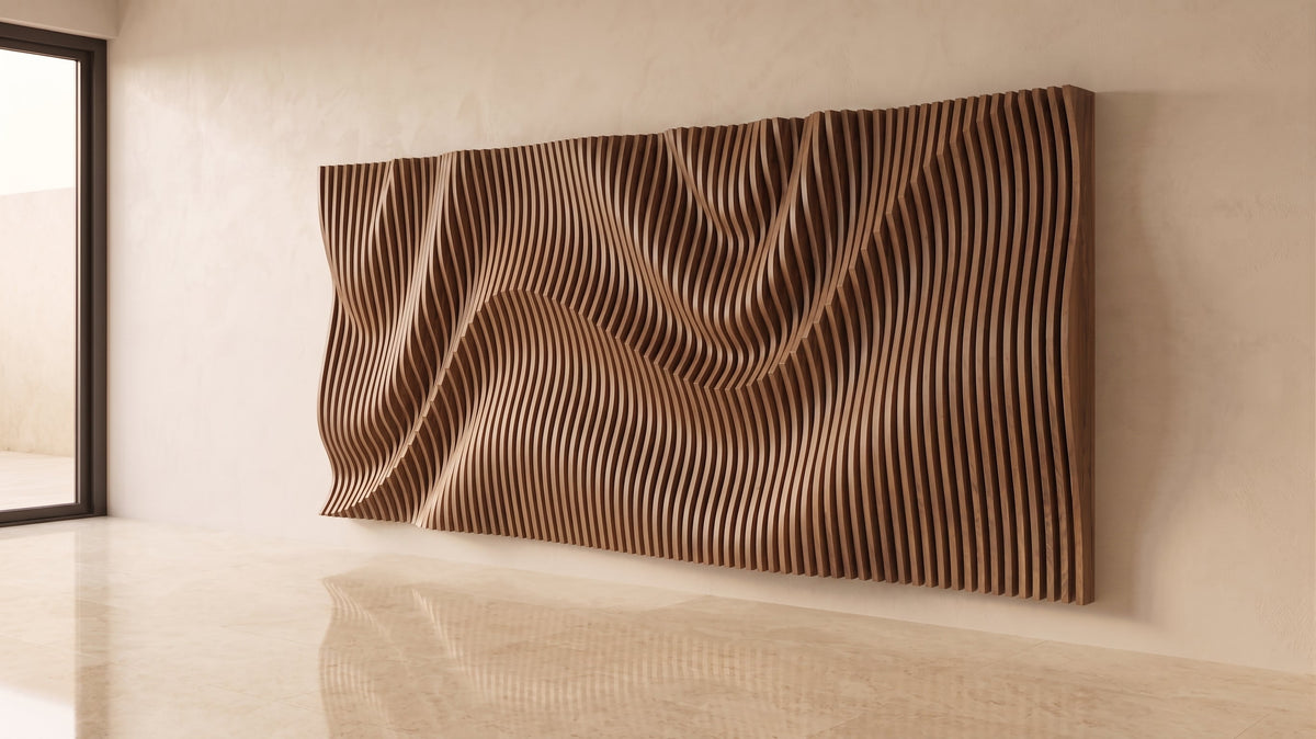 WavySlats Parametric Wall VEY in veneered walnut