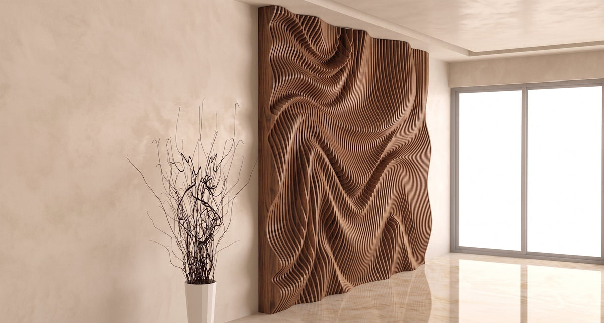 WavySlats Parametric Wall LUM in veneered walnut